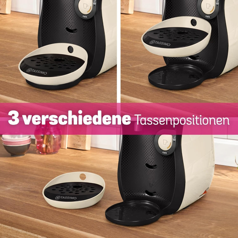 Bosch Tassimo Happy Friendly TAS107E Machine à expresso à capsules, plus de 70 boissons, convient à toutes les tasses, arrêt automatique, durable, dosage parfait, gain de place, 1400 W, crème/noir