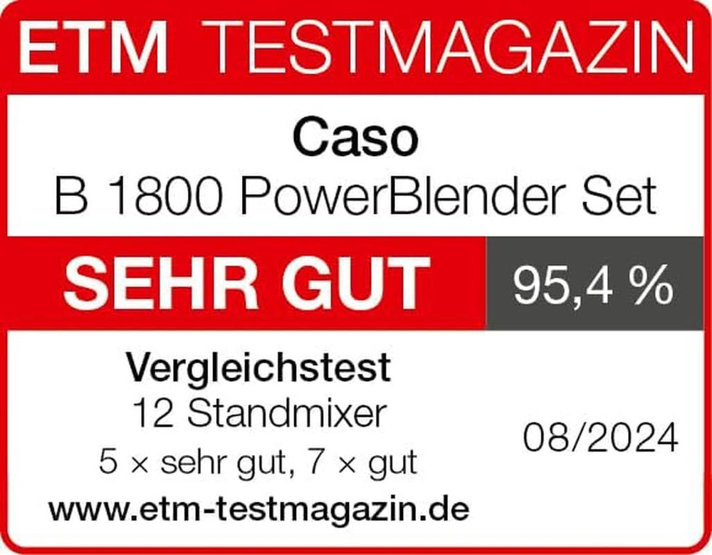 CASO B 1800 Powerblender-Set - Batteur sur socle, 28 000 U/Min, Glasbehälter 1,75 L, Inkl. Trinkflasche Und Zerkleiner, Mixer Testsieger Mit Sehr Gut, Edelstahl Naty Shop