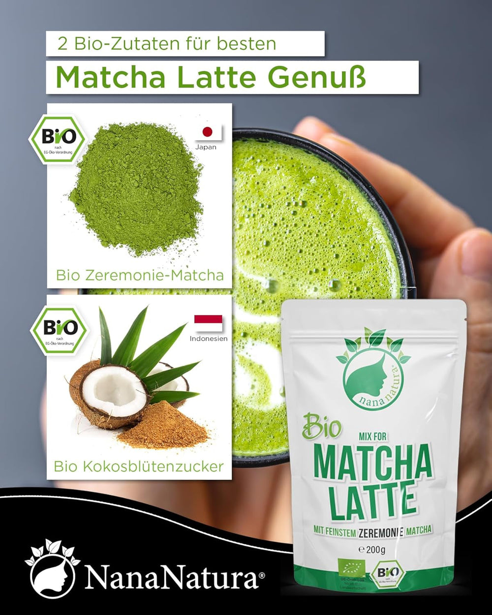 Mélange Bio Matcha Latte de Nananatura avec 22 % de poudre de thé vert de qualité cérémonielle du Japon | Pour un plaisir de thé simple et délicieux | Convient également pour les glaces et les pâtisseries