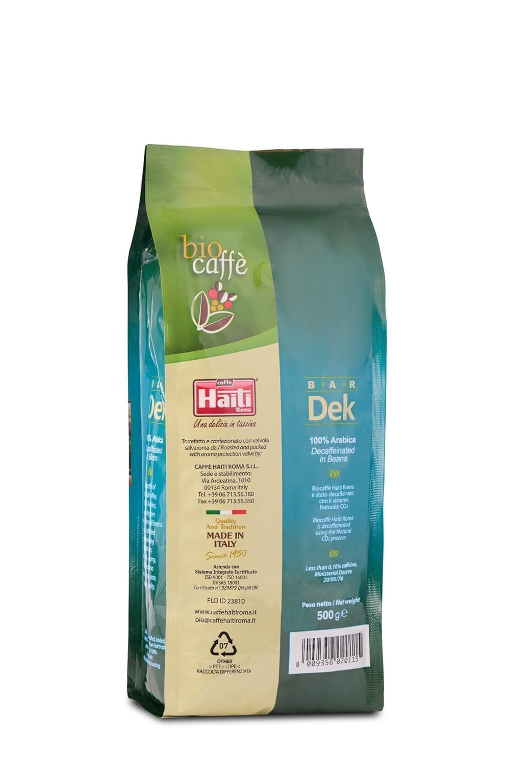 Caffè Haiti Roma café en grains décaféiné biologique, 100% Arabica, certifié Fairtrade, qualité biologique, paquet de 2 x 500g