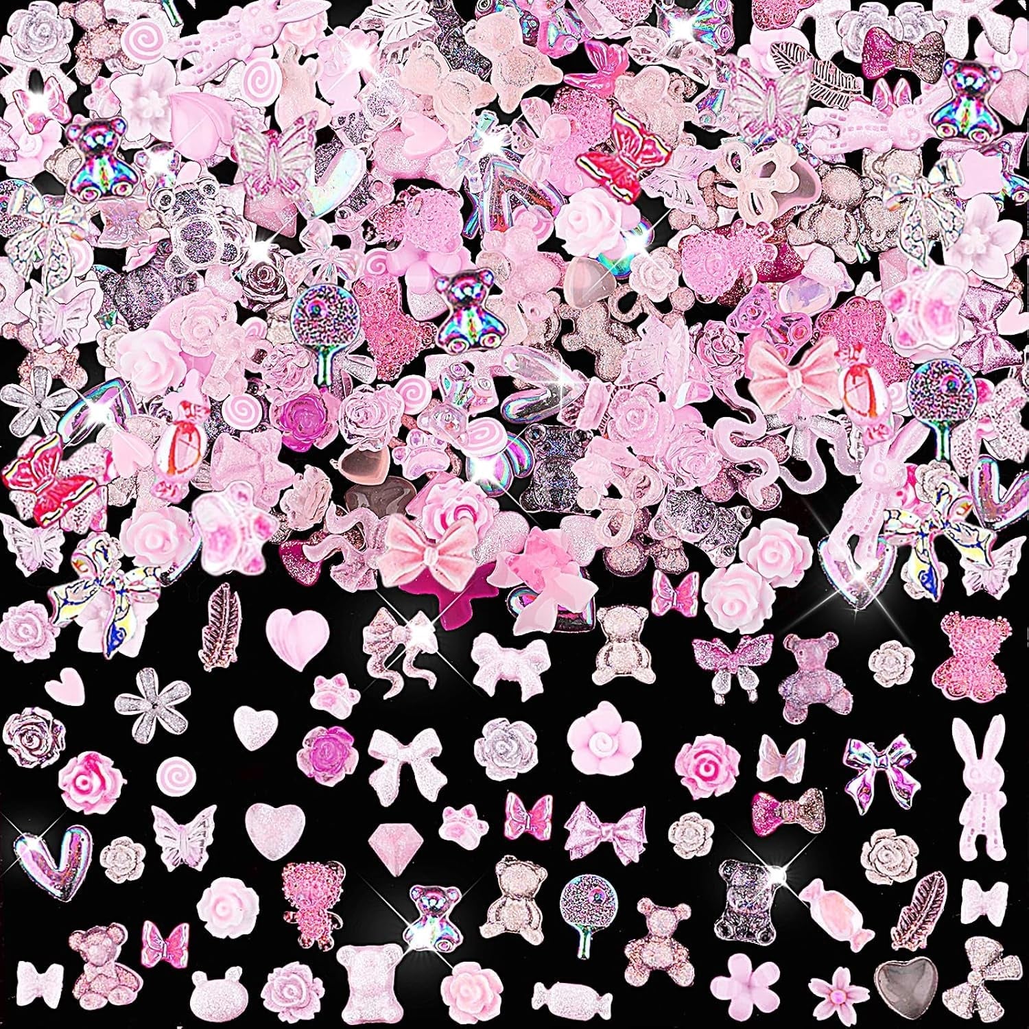 200 Pièces Breloques Nail Art 3D Ensemble de Décoration Nail Art Nœud Pendentif Ongle Rose Style Mixte Nœud Fleur Ours en Peluche Sucette Forme de Coeur Décoration Nail Art DIY Artisanat Conception d'Ongles