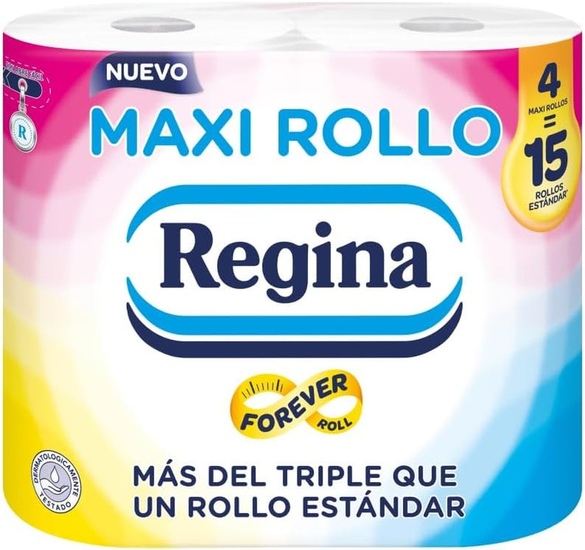 Regina Maxi-Roll - 4 rouleaux de papier toilette, 500 feuilles 2 épaisseurs par rouleau, plus de trois fois un rouleau standard, 60 % d'emballages plastiques recyclés, 100 % papier certifié Fsc