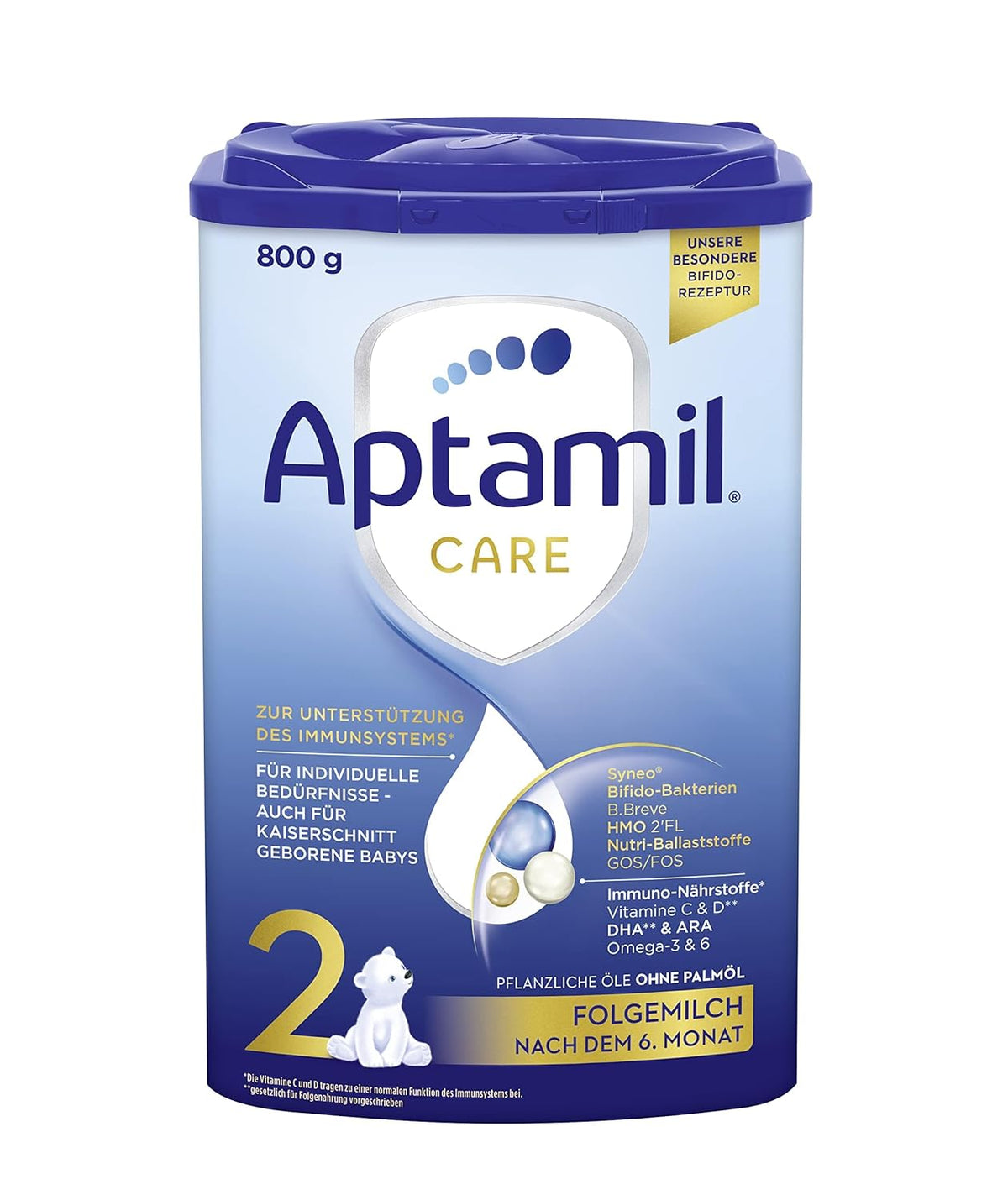 Aptamil Care 2 - Lait de suite après 6 mois, avec Oméga 3 et 6, DHA et ARA, sans huile de palme, nourriture pour bébé, lait en poudre, 1 x 800 g (paquet de 6)