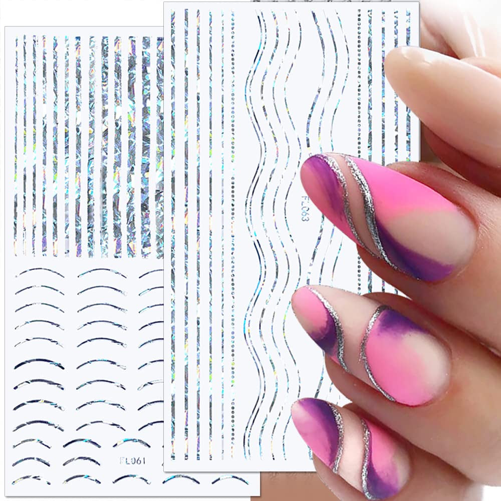12 feuilles d'autocollants pour ongles auto-adhésifs lignes pailletées laser autocollants holographiques rayures bronze autocollants pour ongles ligne française arcs incurvés lignes ondulées autocollants pour ongles accessoires de nail art