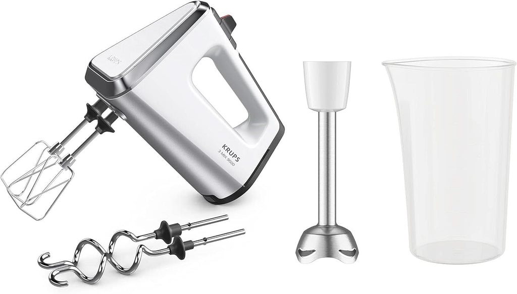 Krups GN9121 3 Mix 9000 Handmixer | 750 Watt | Geschwindigkeitsregler | Turbomodus | Auswurffunktion | Ergonomischer Griff | Inkl. Schneebesen, Knethaken, Pürierstab-Aufsatz, Messbecher | Weiß/Silber Naty Shop Weiß/Silber Single