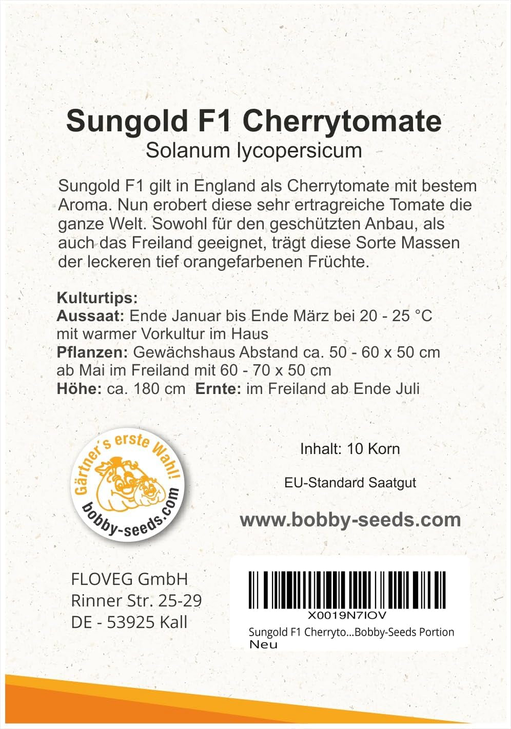 Sungold F1 Cherrytomate Tomatensamen Von Bobby-Seeds Portion