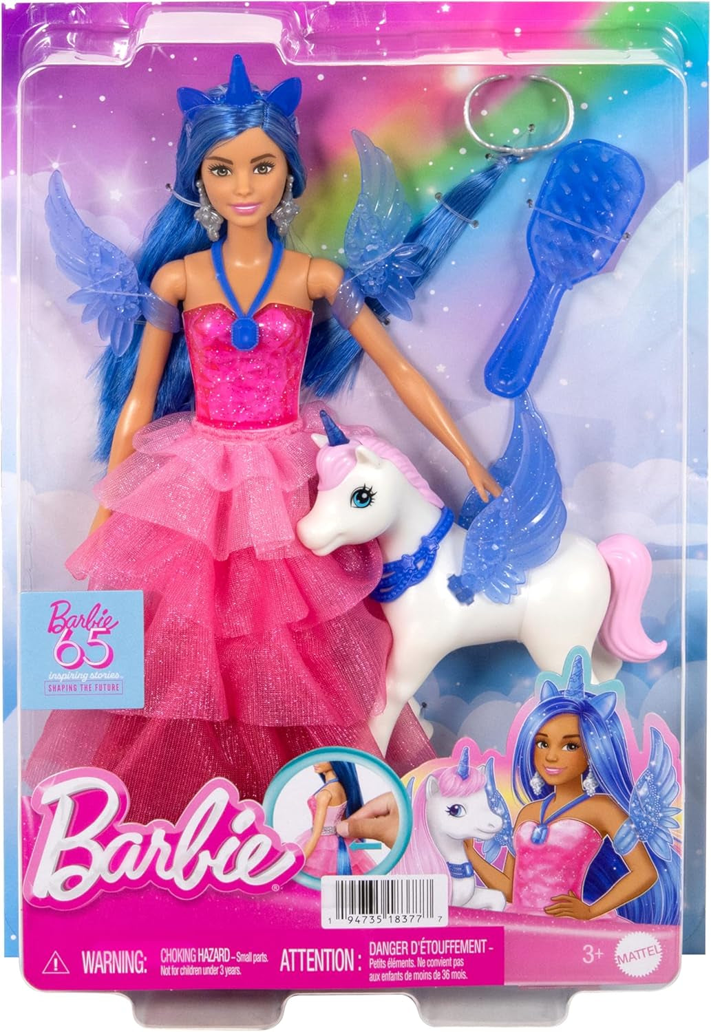 Barbie Hidden Magic - Poupée Licorne, Robe Rose avec Détails Bleu Saphir, Bandeau Licorne, Ailes et Queue Saphir Amovibles, 3 Ans et Plus, HRR16