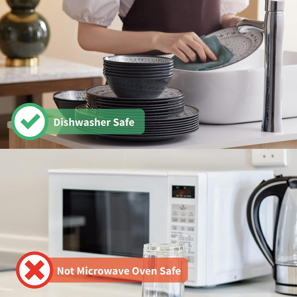 Ensemble de vaisselle de camping pour 6 personnes, 18 pièces en mélamine pour activités de plein air, pique-niques et fêtes dans le jardin, ensemble d'assiettes, service combiné, vaisselle de camping pour camping-cars