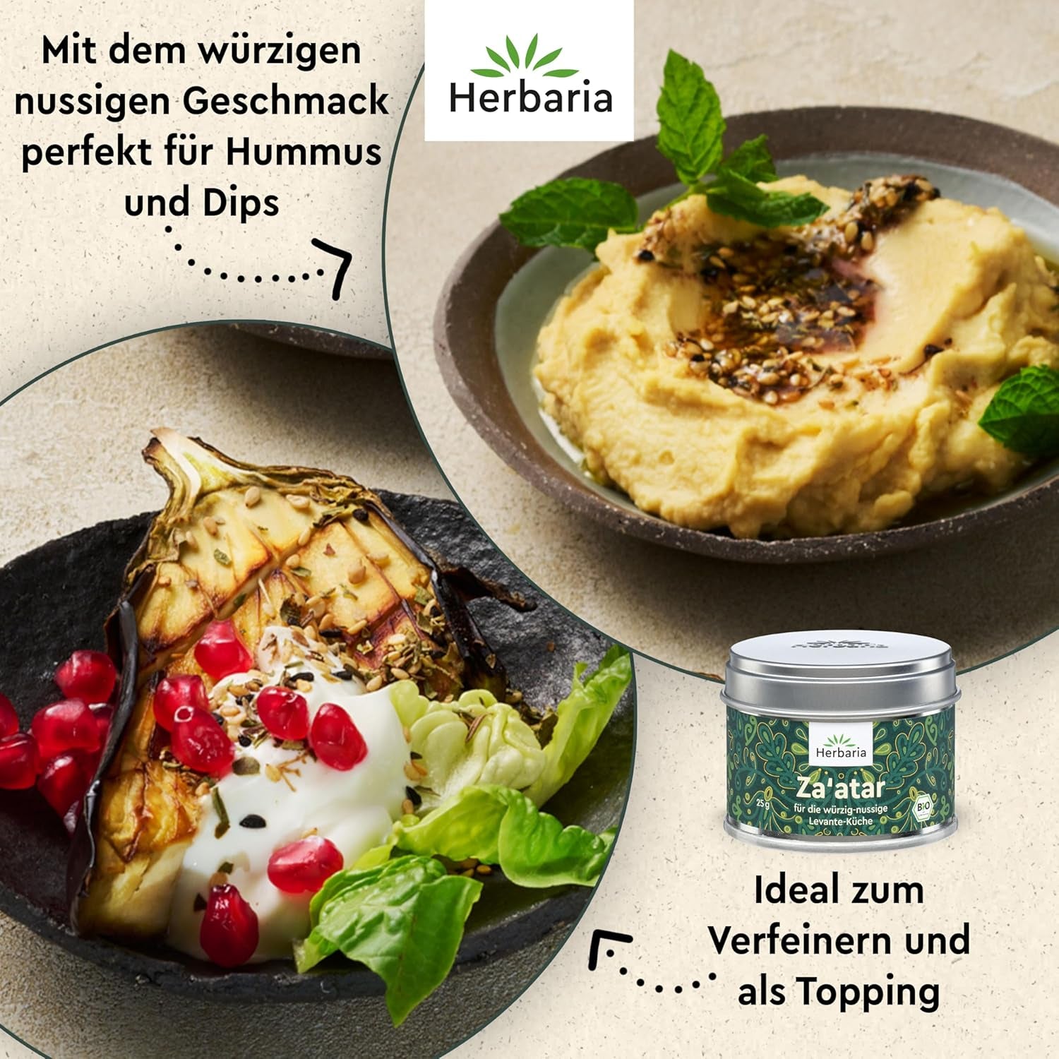 Herbaria Za'atar bio 25g S-Dose – Zaatar Gewürz, Zaatar Gewürz - oriental Organic-Gewürmischung für Gerichte der Levante Küche - with erlesenen Ingredient - in nachhaltiger Aromaschutz-Dose