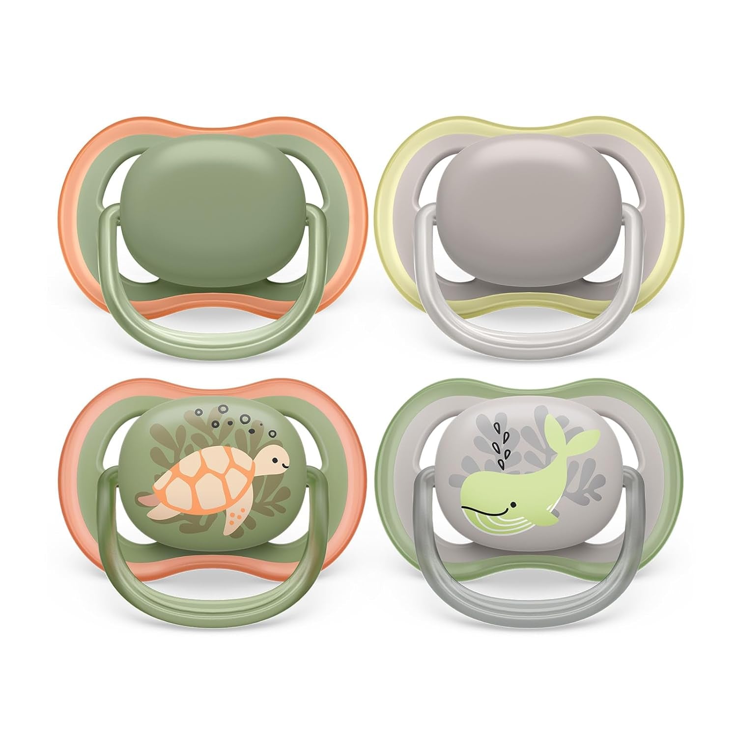 Sucettes Philips AVENT ultra air - pack de 4 sucettes respirantes sans BPA pour bébés de 6 à 18 mois, comprenant étui de transport et stérilisation, motif tortue/baleine (modèle SCF085/66)