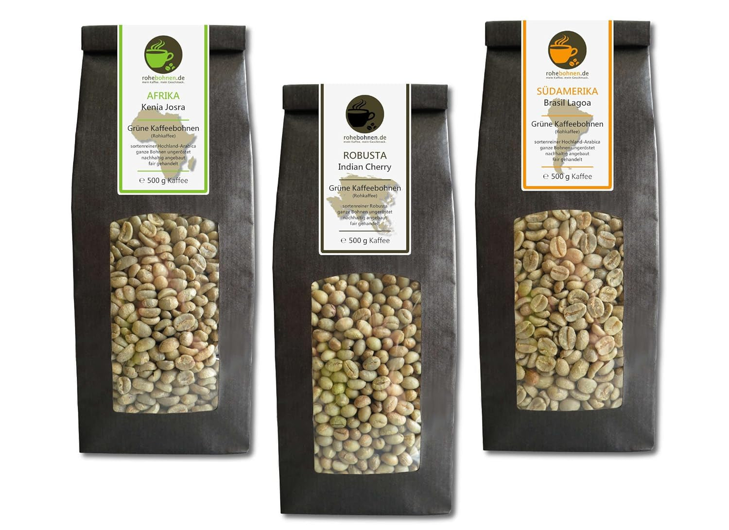 Café cru - Café vert Kenya, Inde, Brésil (emballage réduit grains de café vert 3x500g) - Certificat GMP