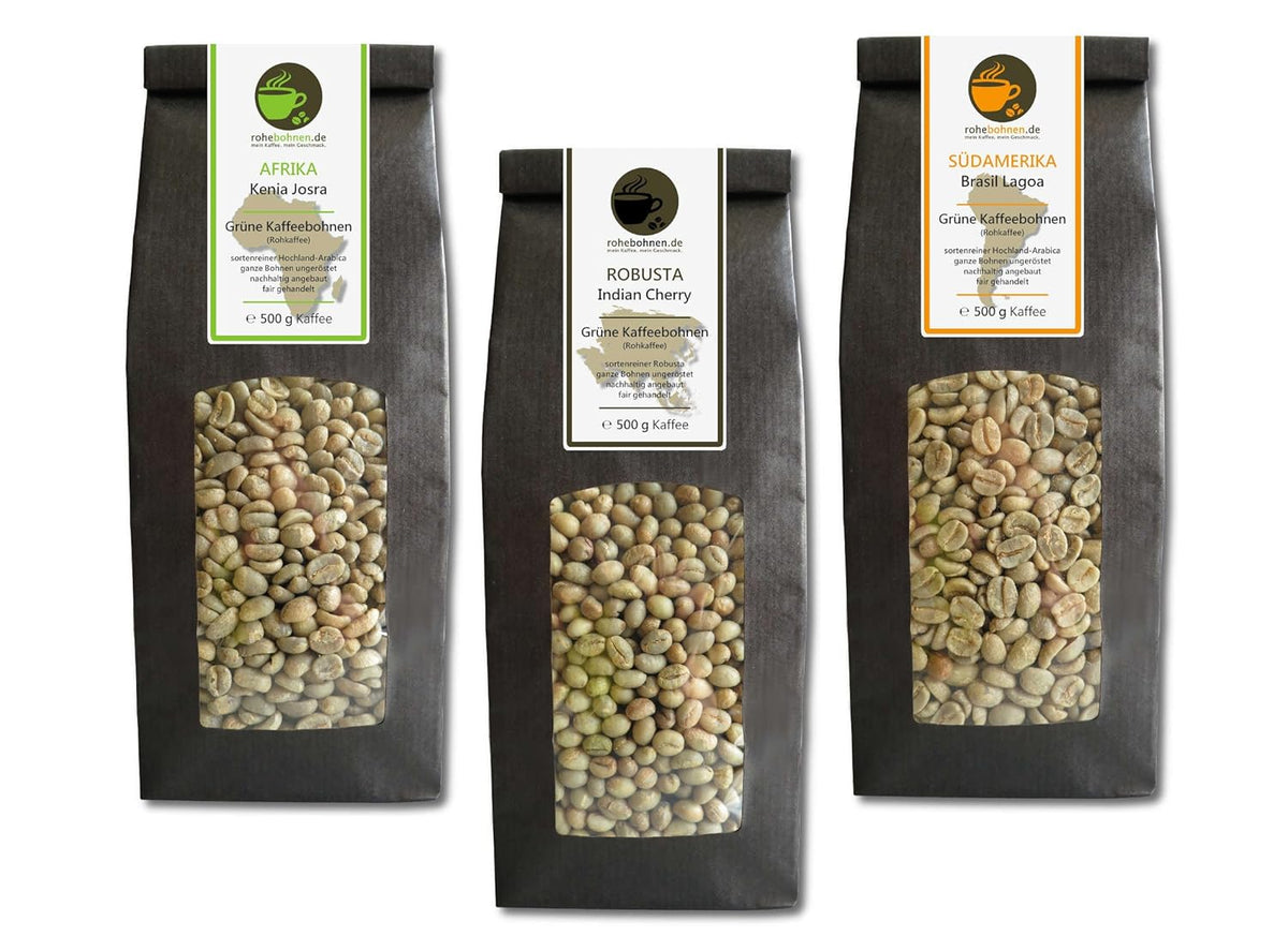 Café cru - Café vert Kenya, Inde, Brésil (emballage réduit grains de café vert 3x500g) - Certificat GMP