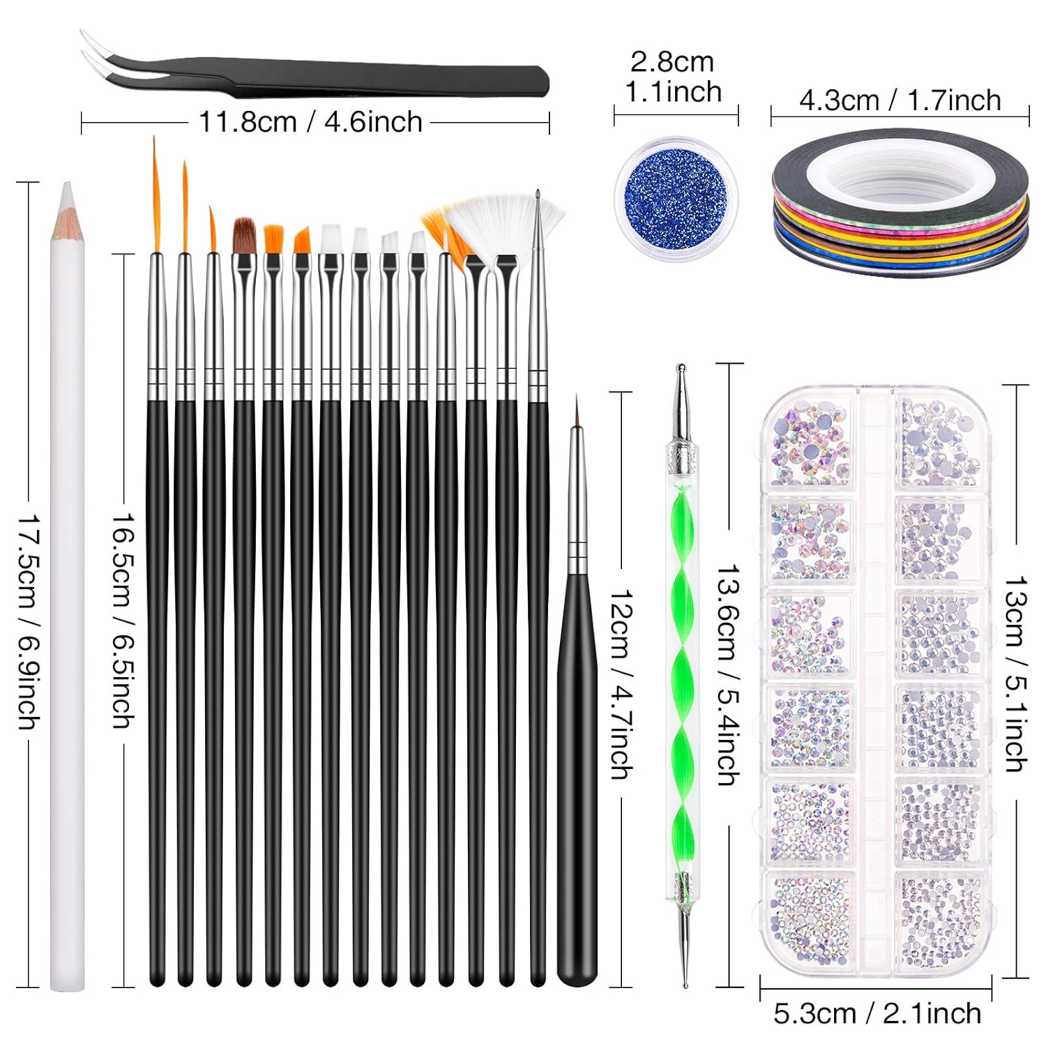 MELLIEX 45 pièces ensemble de décoration d'ongles, pinces à ongles, strass, paillettes, feuille d'or, conception de stylos à points, bande de ruban pour l'art des ongles, ensemble de manucure