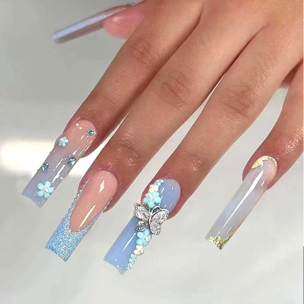 24 pièces papillon bleu ongles artificiels carré presse sur français longues paillettes brillant strass faux ongles conseils