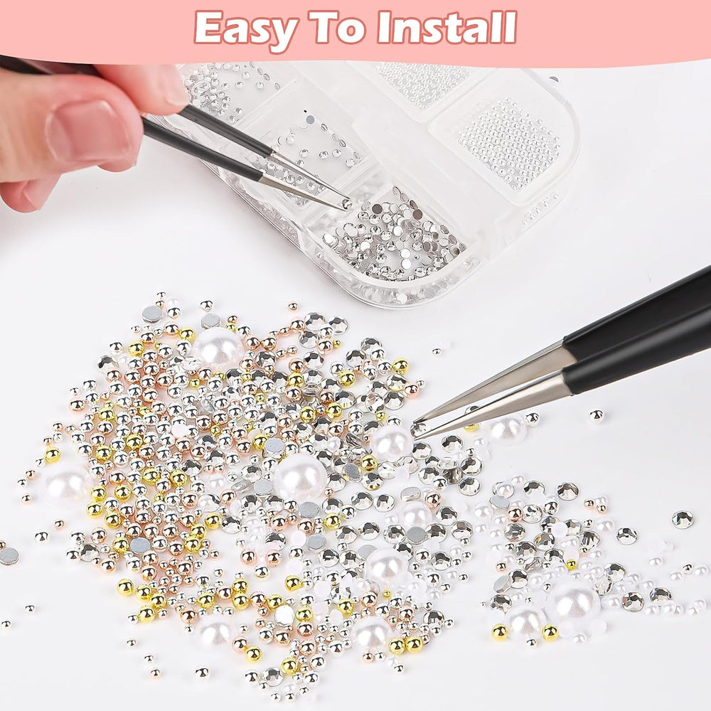 2 boîtes de strass pour Nail Art, avec pinces à épiler, perles à dos plat, breloques pour ongles, avec strass, perles en acier inoxydable pour décoration de ongles