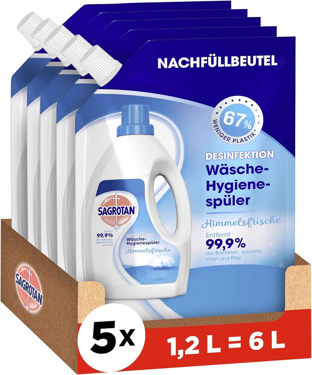 Sagrotan Detergent pentru igiena rufelor Sky Fresh Refill - efect dezinfectant, pentru rufe curate și proaspete din punct de vedere igienic Detergenti Rufe Naty Shop Set 5 x 1.2 litri