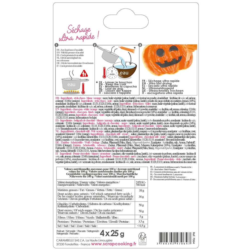 Scrapcooking - Lot de 4 Stylos Chocolat Halloween - Noir, Orange, Violet et Blanc, Écrivez et dessinez sur les Desserts, Gâteaux et Biscuits Naty Shop