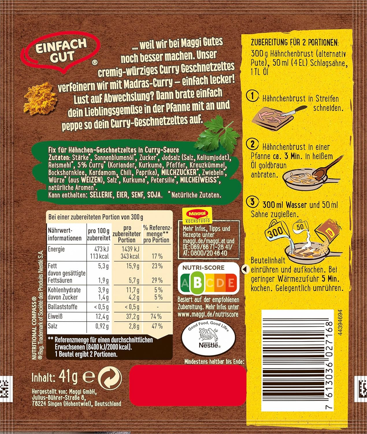 MAGGI Fix pour préparations au curry, mélange, avec ingrédient naturel*, pour 2 portions, 1er paquet (1 x 41g)