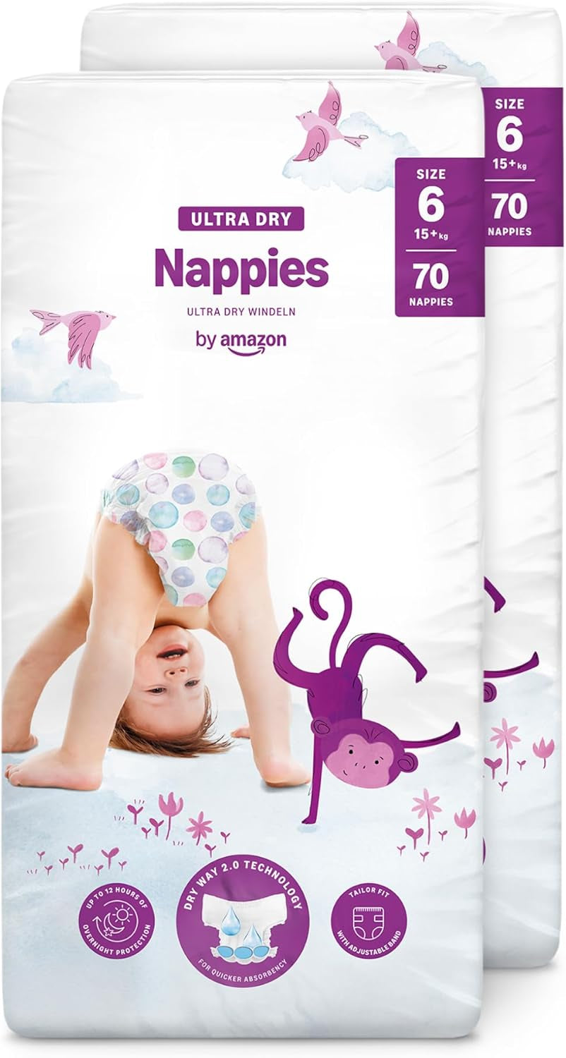 Couches Amazon Ultra Dry, taille 1 (2-5 kg) – Boîte mensuelle, blanche, 96 pièces (2 paquets de 48) (anciennement marque Mama Bear, produit identique)