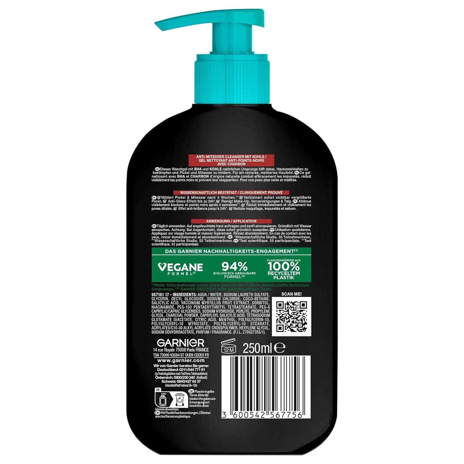 Garnier Charcoal Cleanser Gel Nettoyant Visage Contre Points Noirs & Boutons 250 ml Douche & Bain Naty Shop