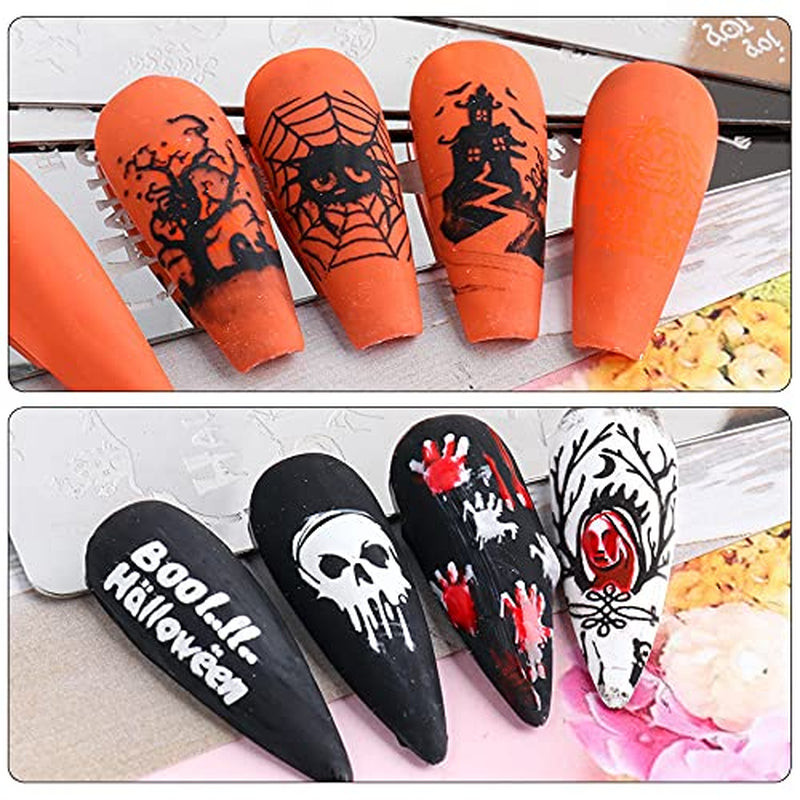 JMEOWIO Nail Stamping Pochoirs Halloween 6 Pièces Nagelstempel Pochoirs Nail Art Décoration Nageldesign Zubehör Böse Gruselige Kürbis-Geisterhexe