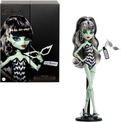 Poupée Monster High x Barbie Frankie Stein avec maillot de bain original inspiré de Barbie et solo dans la robe de soirée noire Spotlight, accessoires, JHK28