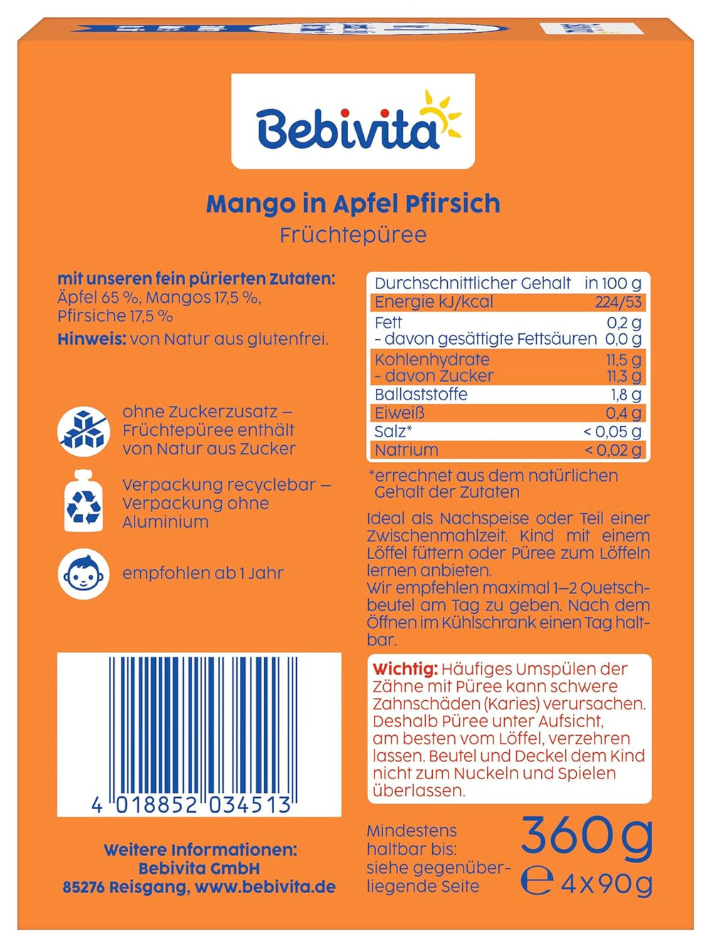 Sachets compressibles mangue, pomme et pêche - Paquet de 16 (paquet de 4, 4 x 90 g chacun), sans sucre ajouté, sans gluten, idéal pour les collations emballées et en déplacement