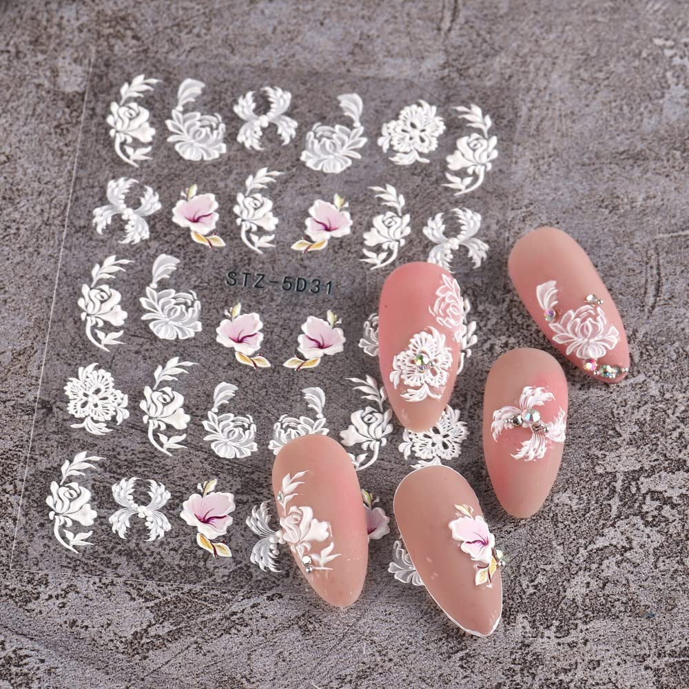 4 Blatt 3D Nagelsticker Frühling Blume Nagelaufkleber 5D Stereoskopisch Selbstklebend Nail Art Sticker Dekoration Nageldesign Zubehör
