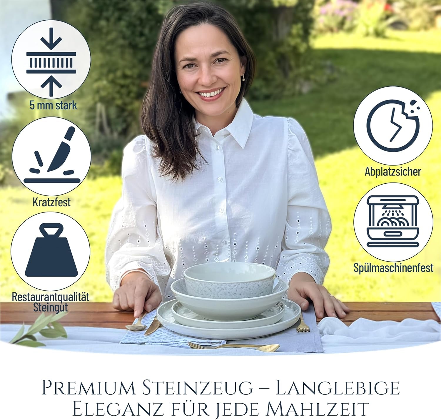 Service de vaisselle 48 pièces en grès céramique pour 12 personnes, design Ibiza, GAGNANT DU TEST. Un magnifique ensemble de vaisselle méditerranéenne en grès céramique comprenant des bols et des assiettes. Service de table Pure Living, beige.