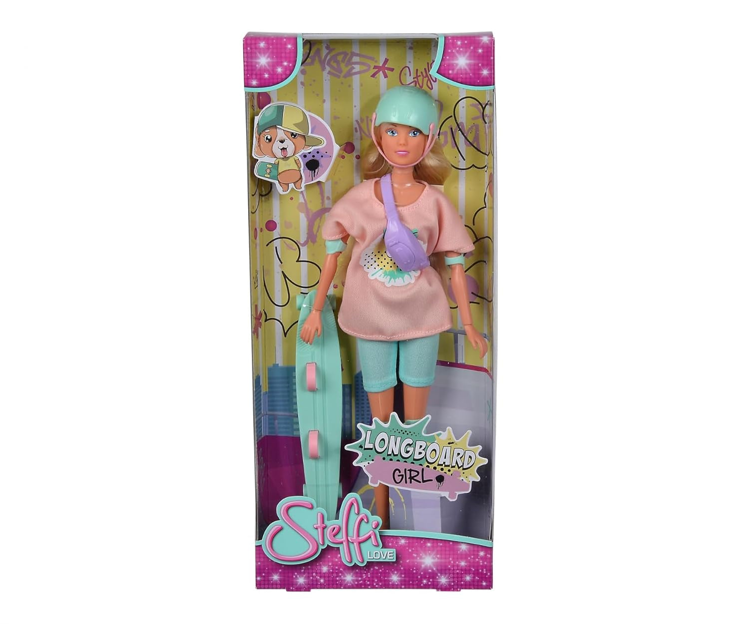 Simba 105733580 - Steffi Love Longboard Girl, Ankleidepuppe im coolen Outfit mit Skateboard, Schoner und Helm, mit Umhängetasche, 29cm Puppe, ab 3 Jahren