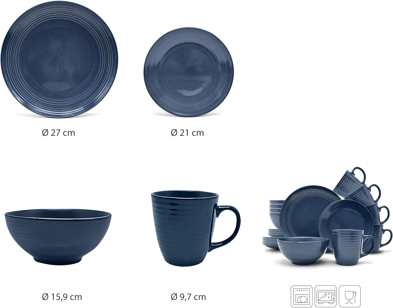 ECHTWERK "Alicia" Service de table combiné vintage 16 pièces, design moderne pour 4 personnes, service de table élégant en grès bleu foncé avec 4 assiettes, 4 assiettes latérales, 4 bols et 4 tasses à thé