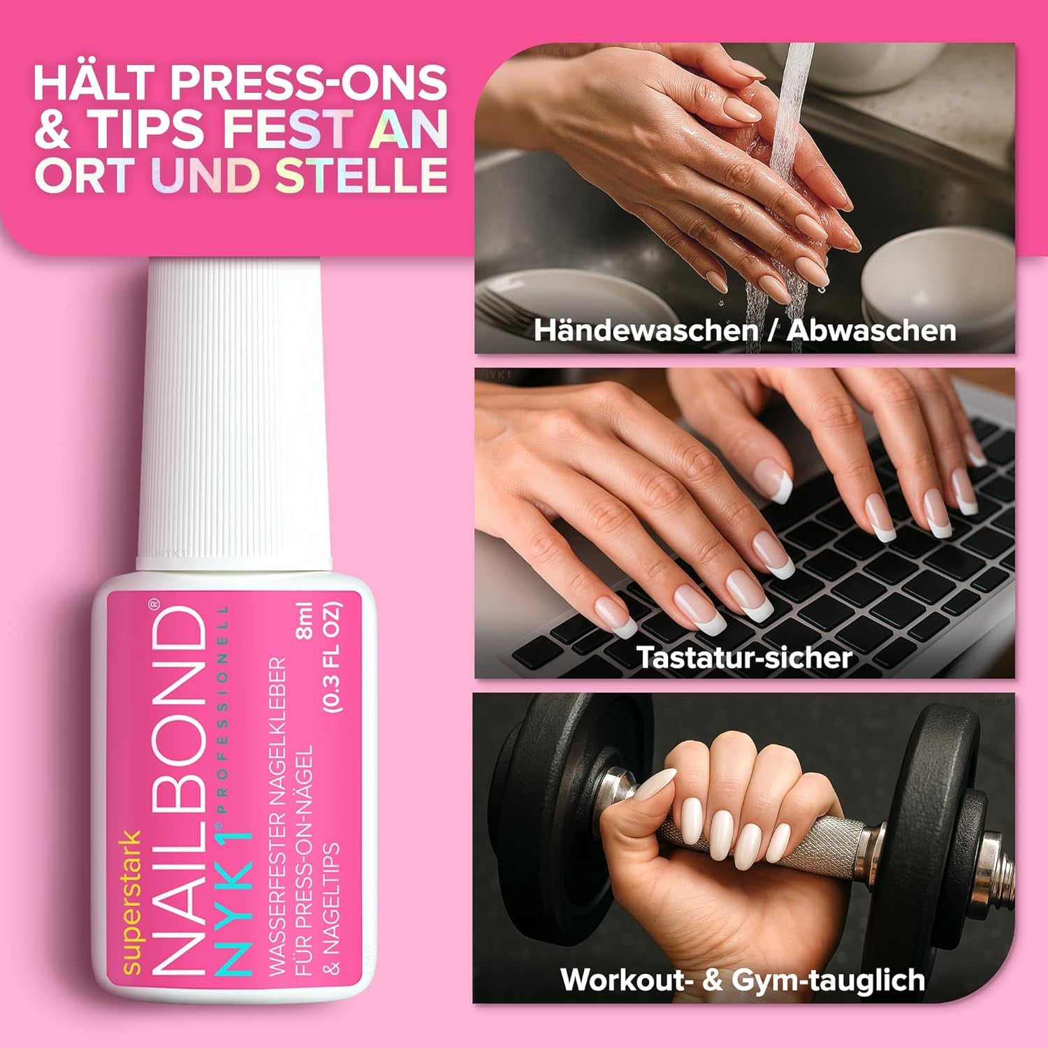 NYK1 Nailbond Colle à Ongles Artificiels Extra Forte (8 ml) Colle à Ongles avec Brosse pour Pointes, Ongles à Presser et Ongles Acryliques Colle à Ongles - Colle à Ongles Craqués Colle à Ongles Antifongique
