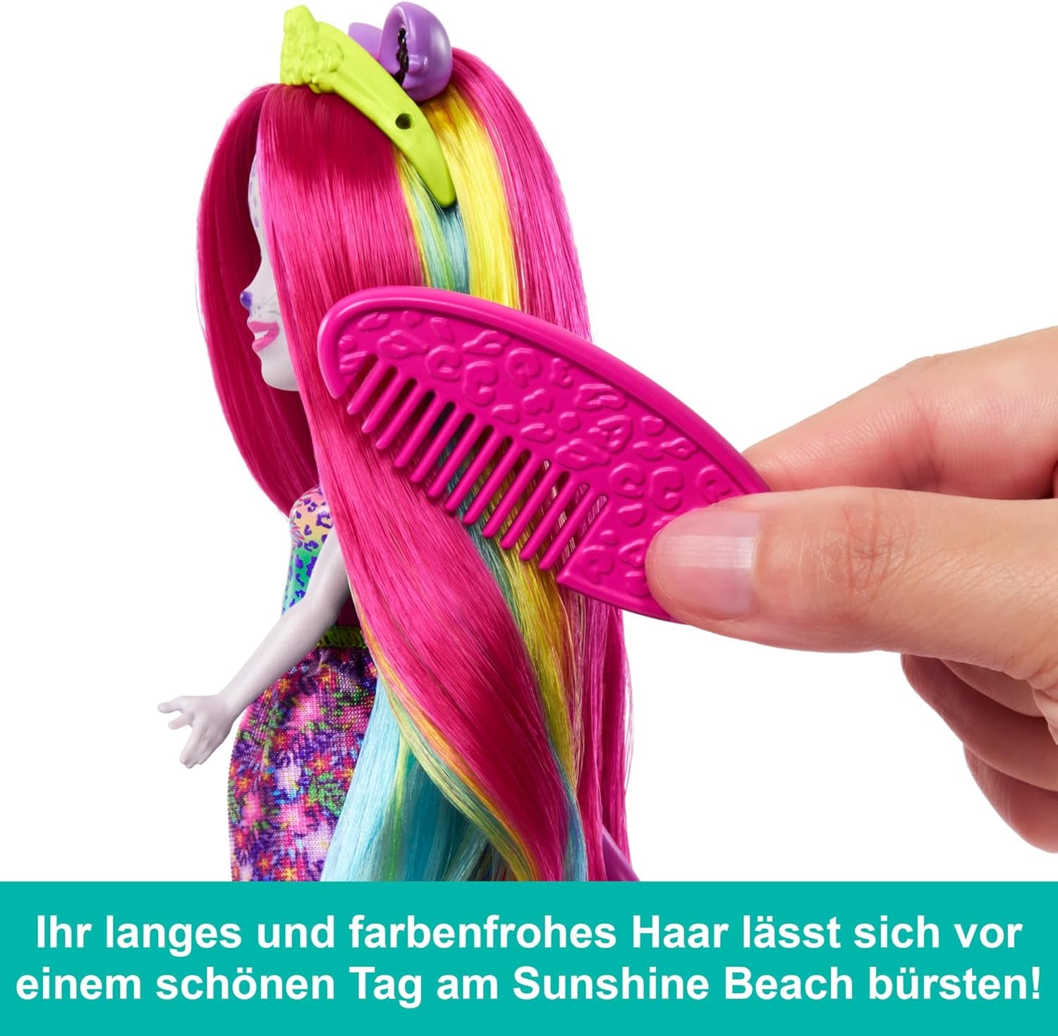 Enchantimals Sunshine Beach Pantherpuppe und Tierfreund mit Deluxe-Haar zum Stylen und Accessoires, Tierspielzeug, farbenfrohe Moden, HTJ69