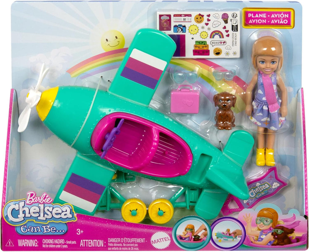 Barbie Chelsea Flugzeug Puppe und Spielset - Pilotenpuppe, Flugzeug, Hündchen und Zubehör für Geschichtenerzählen, rollende Räder und blumenförmiger Propeller, ab 3 Jahren, HTK38