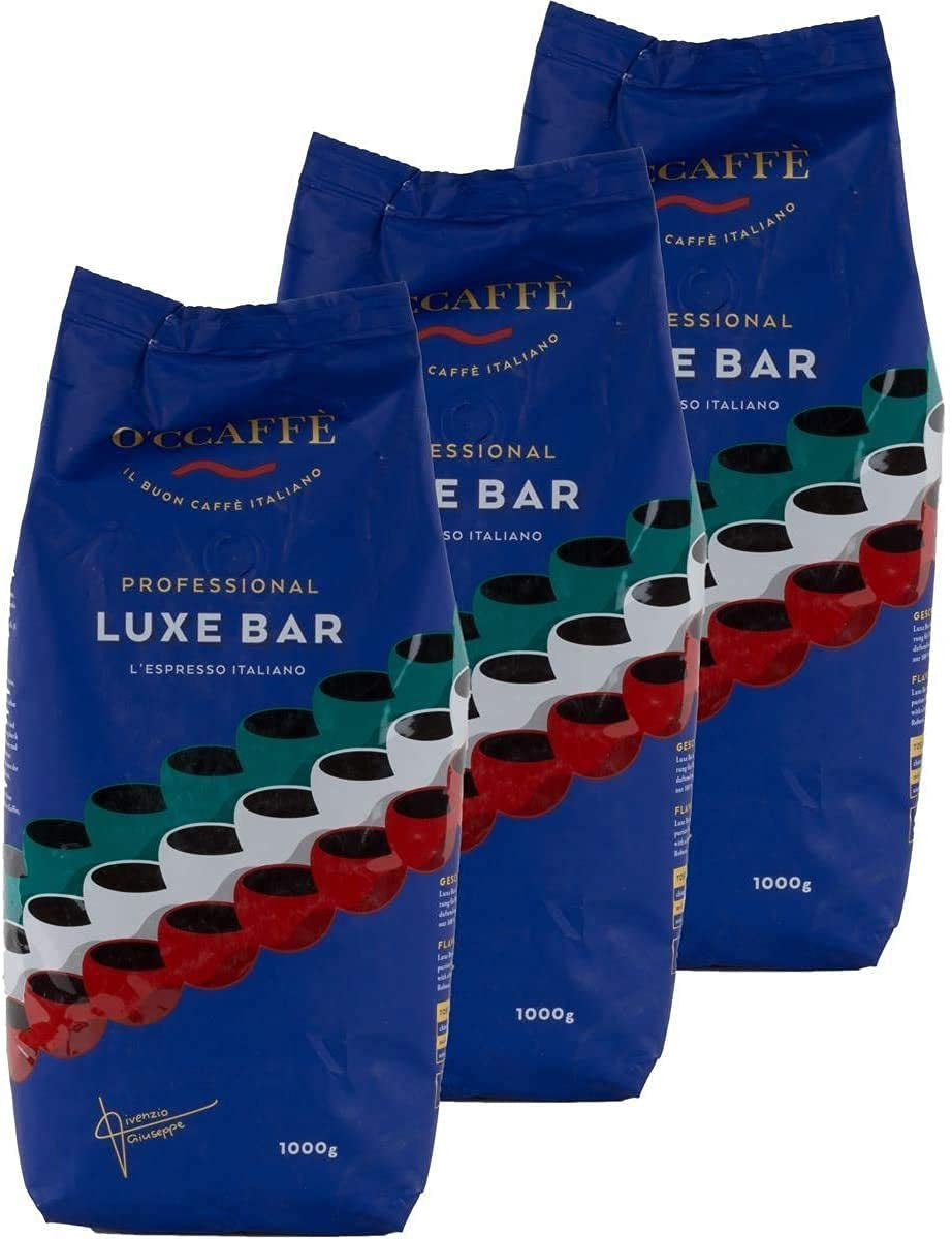 O'CCAFF ? Luxe Bar Intenso Espresso | 3 grains entiers de 1 kg, 100% Robusta | Café obtenu grâce à un processus de torréfaction au tambour très lent d'une entreprise familiale italienne