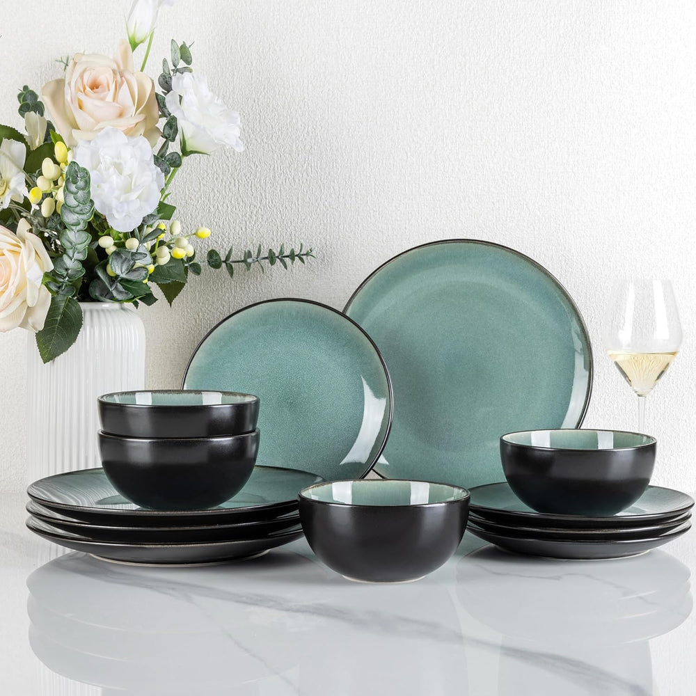 GBhome Service de table en porcelaine pour 4 personnes, 12 pièces, vernis réactif, fait à la main, passe au micro-ondes et au lave-vaisselle, ensemble de bols et d'assiettes, couleur essence GDW025WB-EU