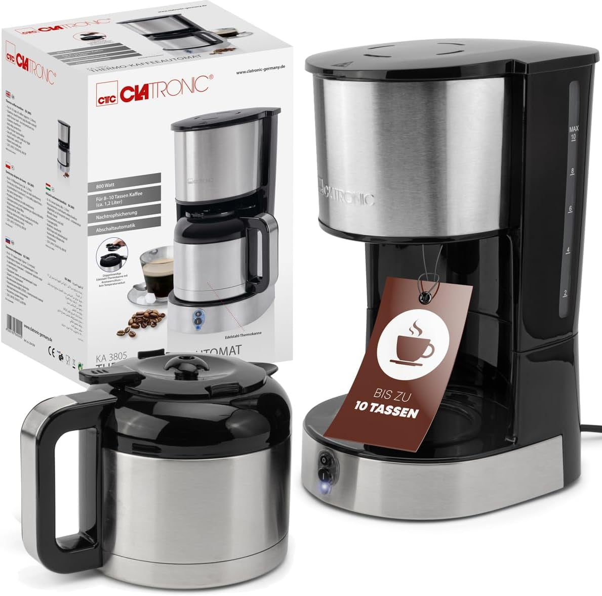 Cafetière Clatronic® avec carafe thermos pour 8 à 10 tasses de café (env. 1,2 l) | Cafetière filtre en inox | Carafe Thermos à Double Paroi | Aucune perte de température | Cafetière 800 W | KA 3805