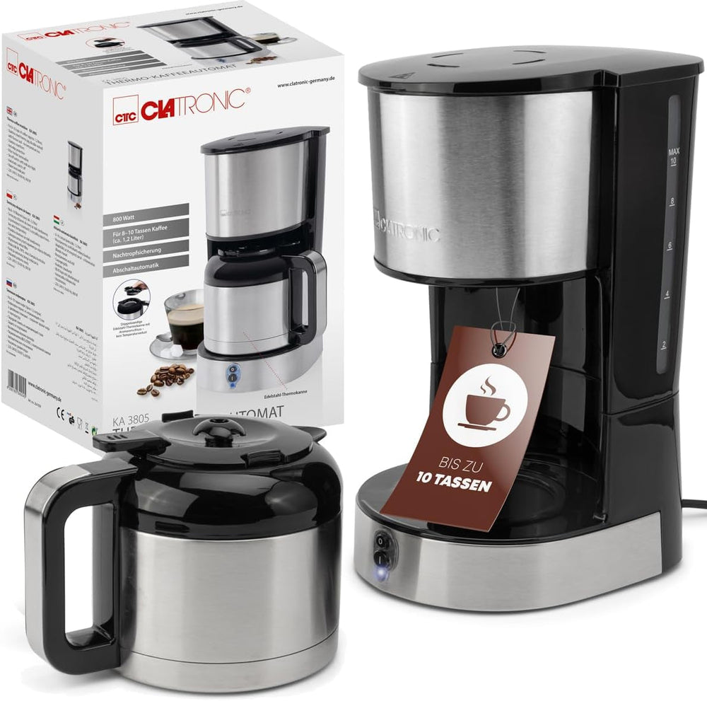 Cafetière Clatronic® avec carafe thermos pour 8 à 10 tasses de café (env. 1,2 l) | Cafetière filtre en inox | Carafe Thermos à Double Paroi | Aucune perte de température | Cafetière 800 W | KA 3805