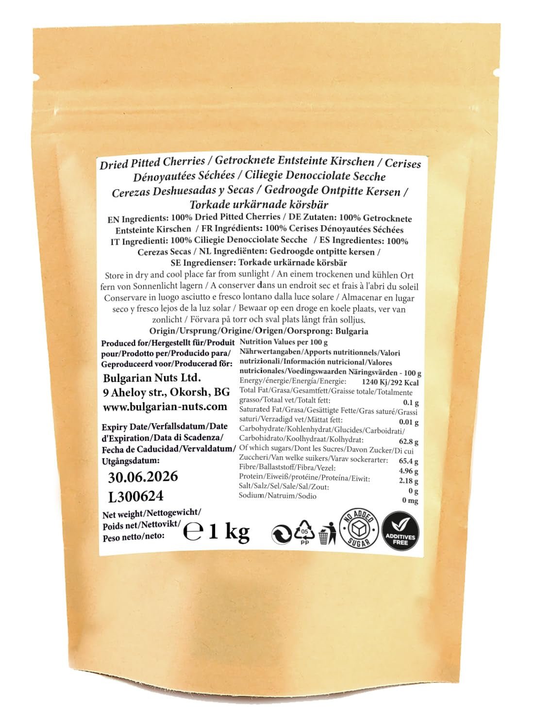 1 kg de cerises séchées au soleil, dénoyautées et naturellement sucrées - sans sucre ajouté, sans additifs, sans conservateurs. De vraies cerises - une vraie saveur. Produits déshydratés Naty Shop