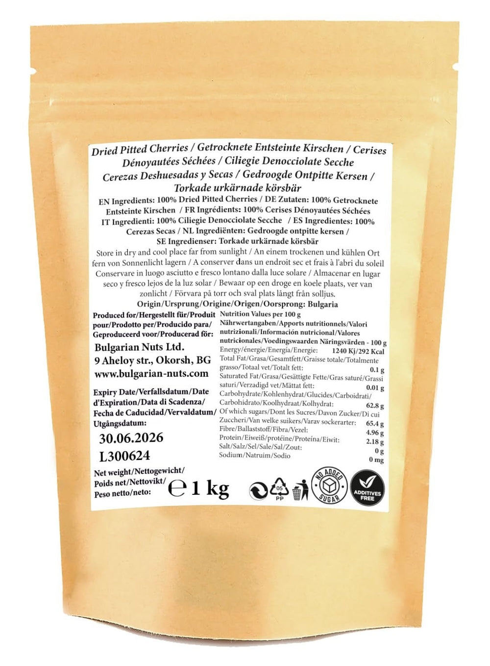 1 kg de cerises séchées au soleil, dénoyautées et naturellement sucrées - sans sucre ajouté, sans additifs, sans conservateurs. De vraies cerises - une vraie saveur. Produits déshydratés Naty Shop