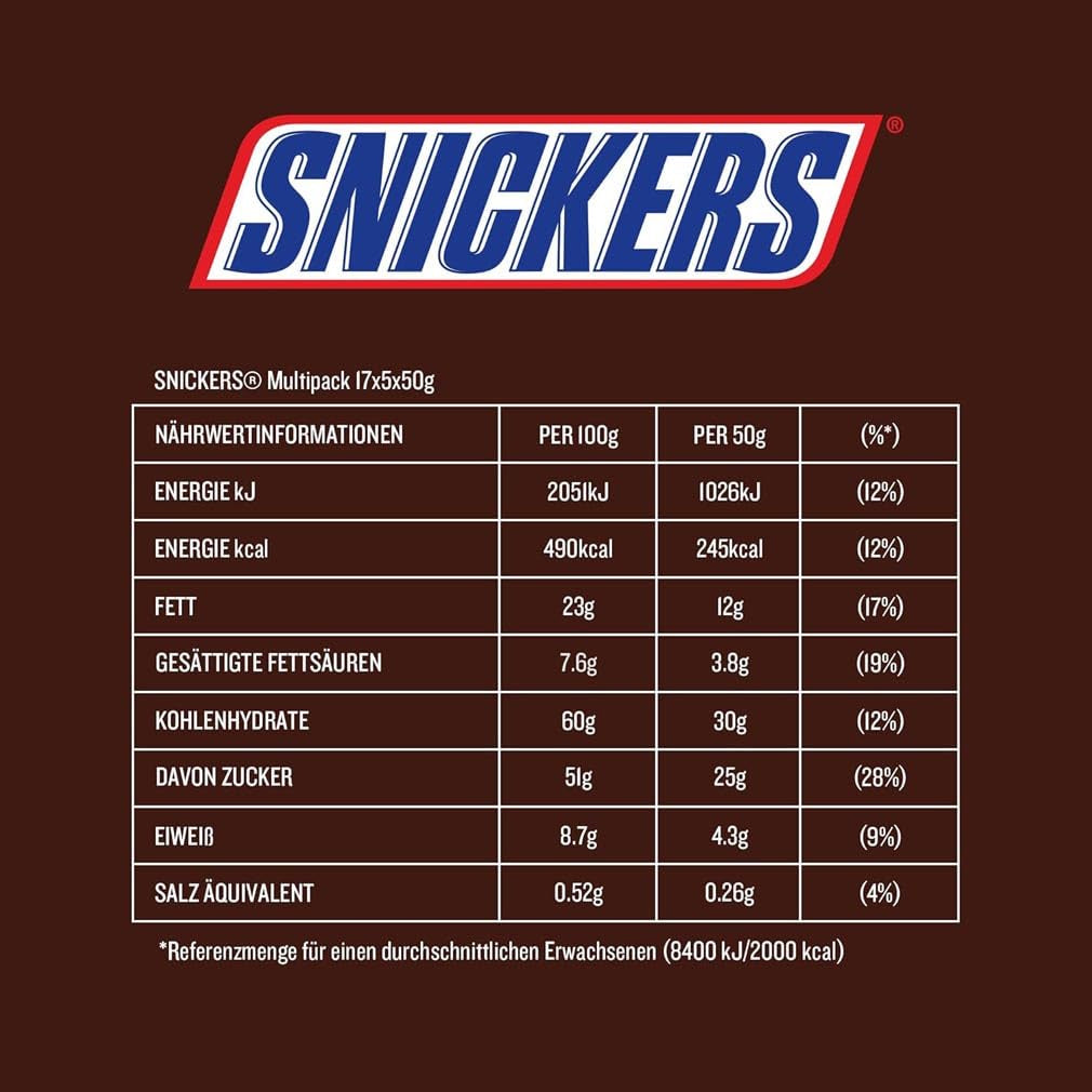 Barre de chocolat Snickers, cacahuètes et caramel, paquet de 5 barres | Snack-foot | (1x5x50g)