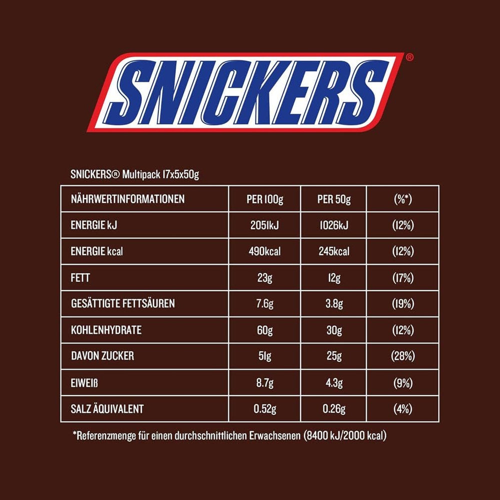 Barre de chocolat Snickers, cacahuètes et caramel, paquet de 5 barres | Snack-foot | (1x5x50g)