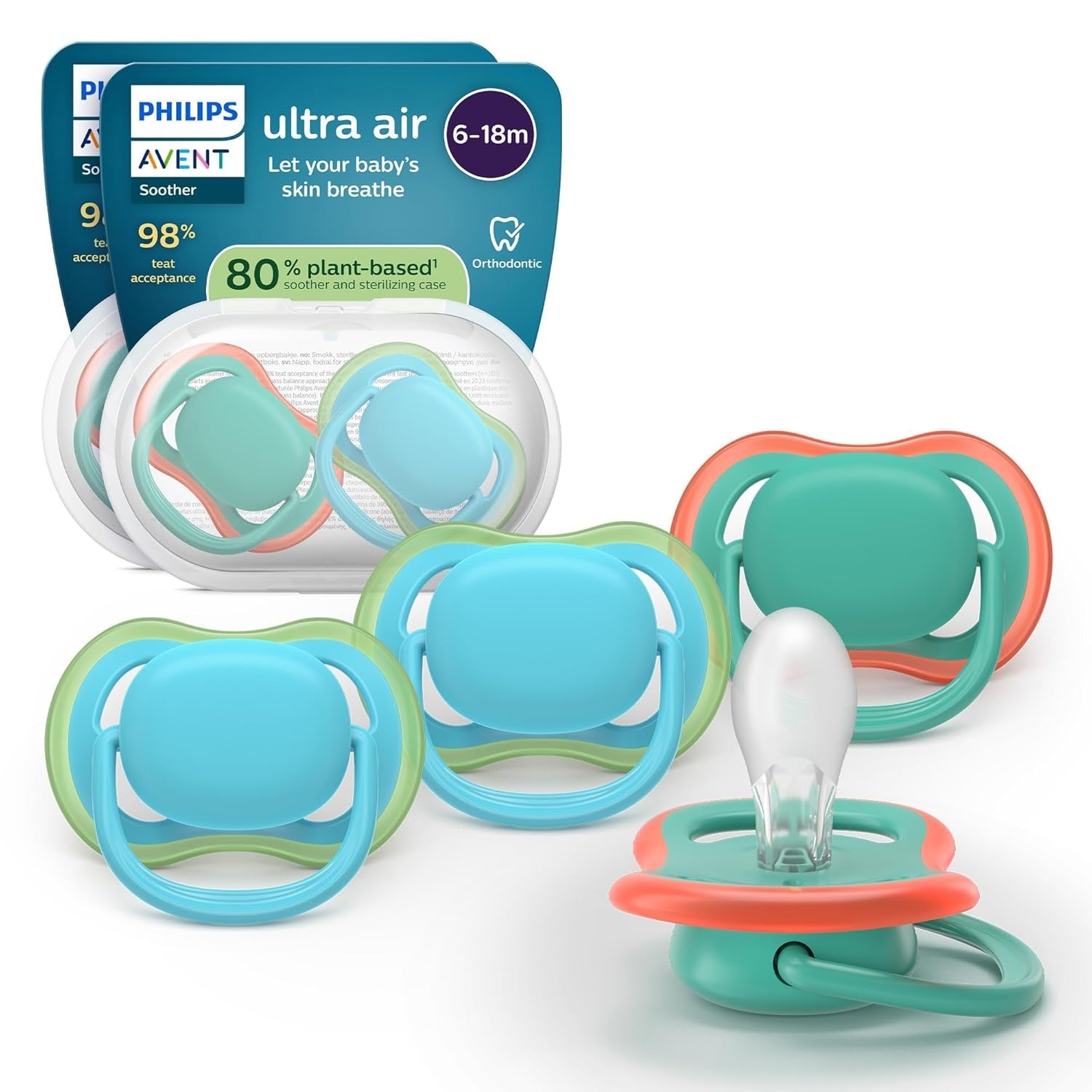 Sucettes Philips AVENT ultra air - pack de 4 sucettes respirantes sans BPA pour bébés de 6 à 18 mois, comprenant étui de transport et stérilisation, motif tortue/baleine (modèle SCF085/66)