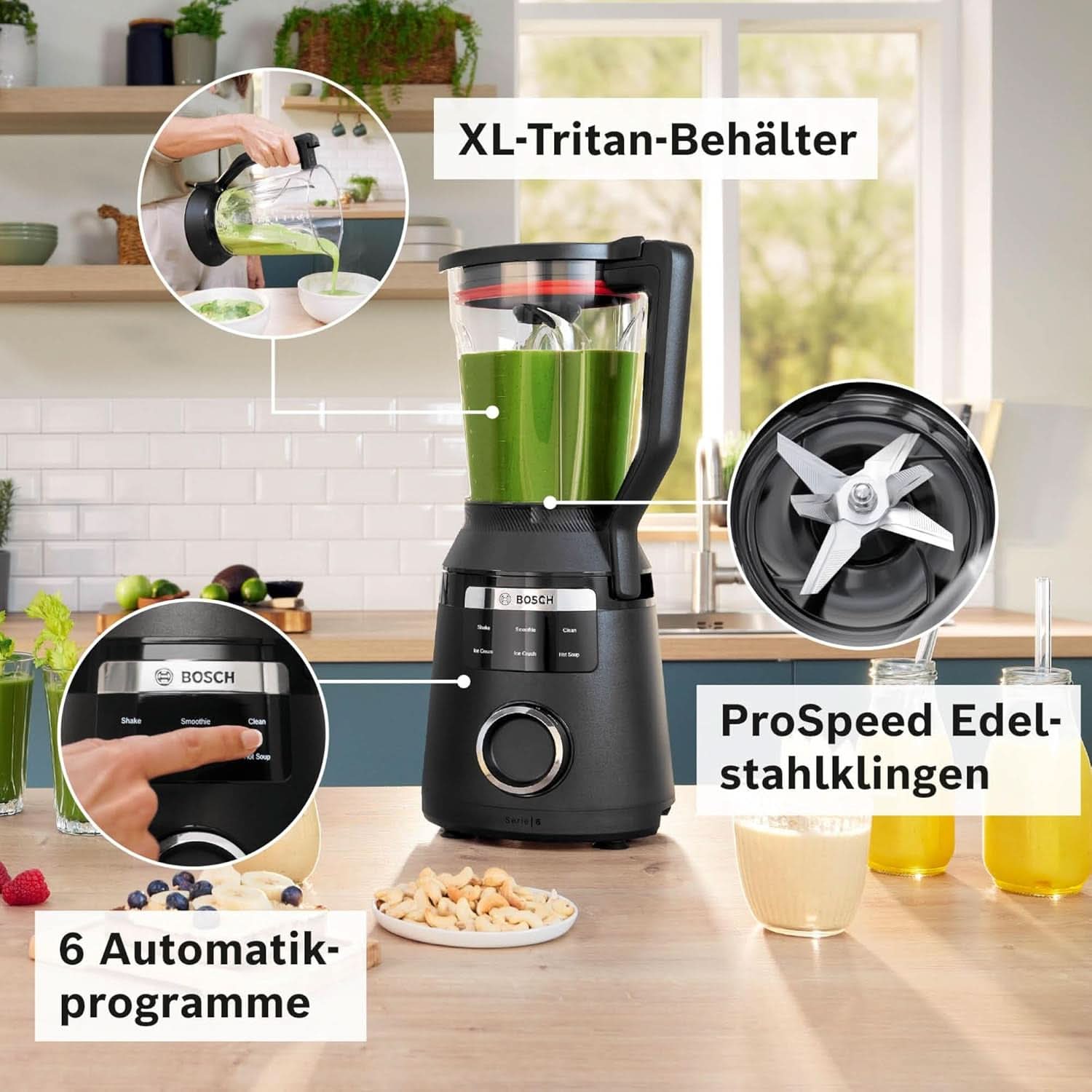 Batteur sur socle à grande vitesse Vitapower Serie 6 MMBD665B1, 45 000 tr/min, 6 programmes Inkl Heiße Suppe & Reinigung, 2 L Mixbehälter, Stopfer, Spülmaschinenfeste Teile, Made in Europe, 1800W, Schwarz Kitchen Naty Shop