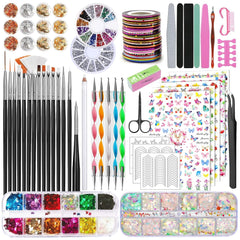 Ensemble de pinceaux et de décorations pour ongles, ensemble de pinceaux de décoration pour ongles, 15 pinceaux, 5 autocollants pour pinceaux, 5 stylos à pois, strass, paillettes ultra fines pour vernis à ongles
