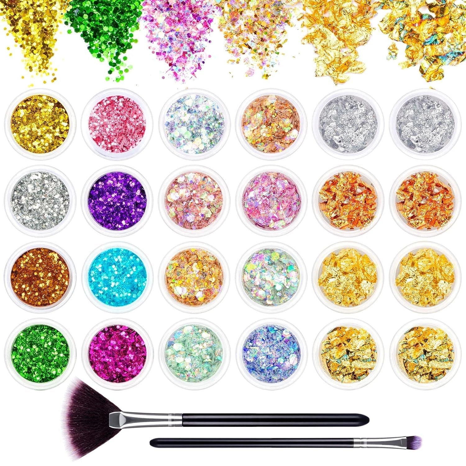 24 couleurs Glitzer Set avec Blattgold et Glitzerpulver, Nageldesign Zubehör Pailletten Basteln Nail Art Glitter Mit Pinsel pour Nägel Gesicht Körper DIY Nagelkunst Make Up