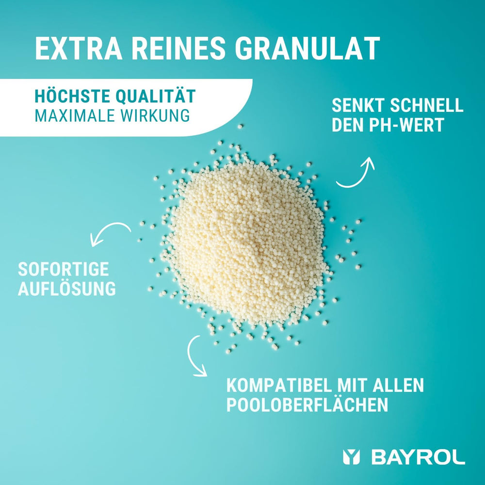 BAYROL e-pH-Minus granulés 6 kg - réduit rapidement et efficacement les niveaux de pH trop élevés dans les piscines - dosage facile directement dans l'eau - avec gobelet doseur - réducteur de pH - réglage du pH pour piscines