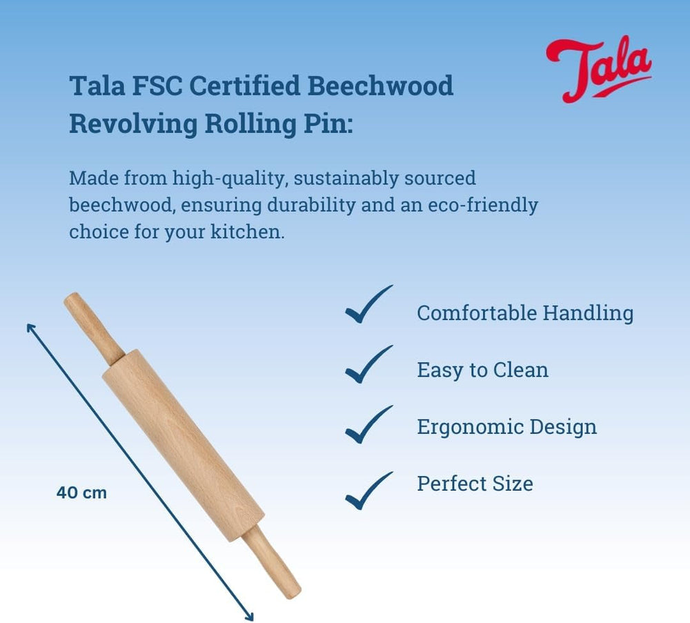 Sucitor din lemn de fag Tala – Sucitor rotativ cu mânere, suprafață netedă, durabil și ușor de curățat – Perfect pentru aluat, produse de patiserie, pâine și pizza – Lemn certificat FSC