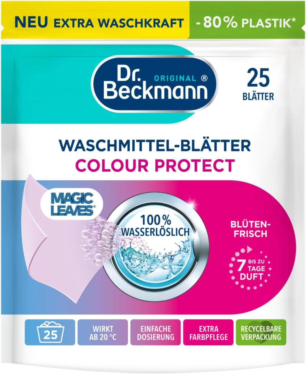 Foi de detergent Dr Beckmann MAGIC LEAVES COLOR | Foi de spălat predozate și solubile în apă | Economisitoare de spațiu și ușor de utilizat | 25 de foi Detergenti Rufe Naty Shop 25 bucati Color