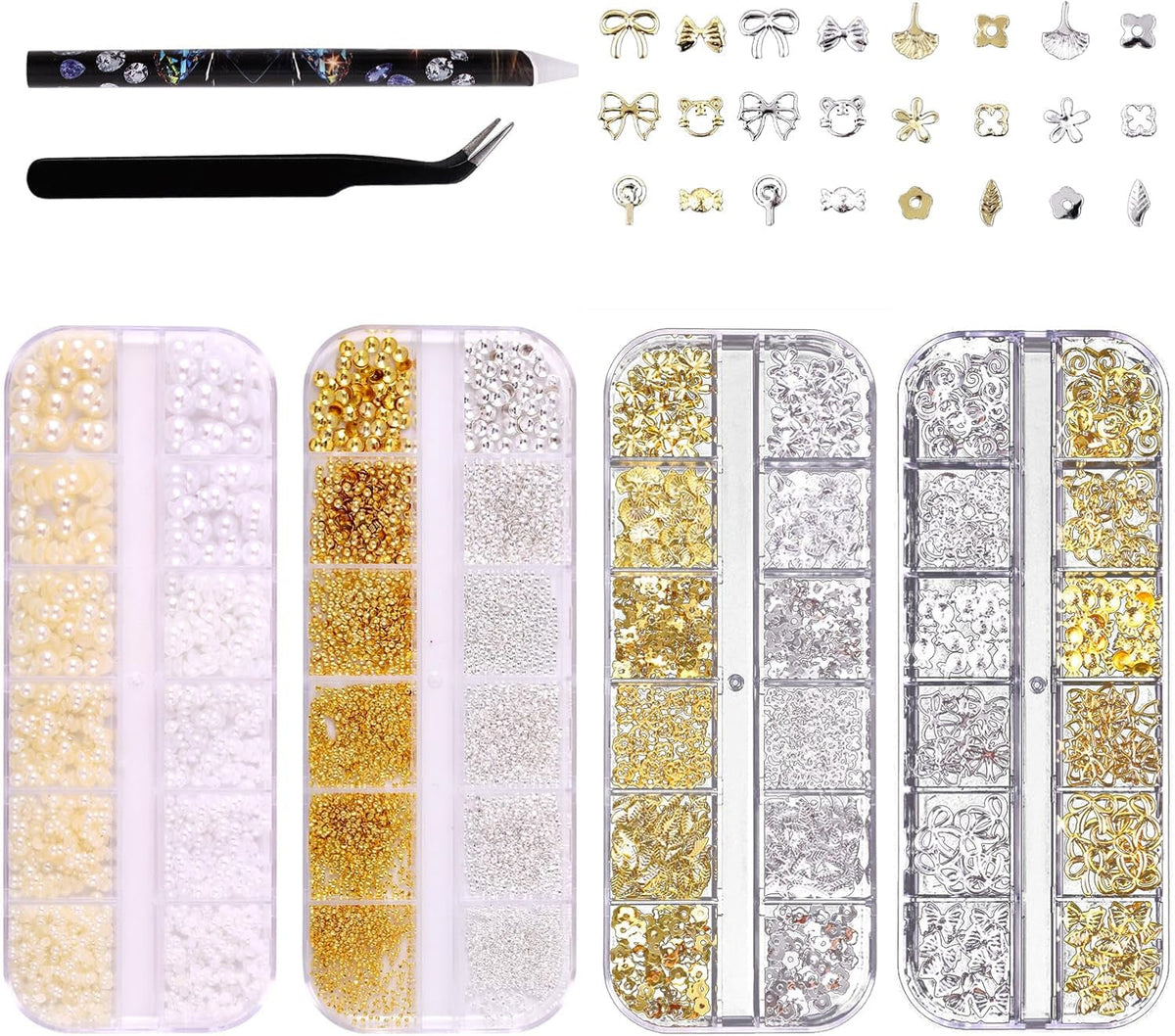 Coffret de 4 porte-clés à ongles – 48 types de porte-clés à ongles 3D dorés et argentés (papillons, fleurs, perles, etc.) + pince à épiler et stylo – pour ongles en gel et acrylique DIY | Idéal pour le salon de manucure et la maison